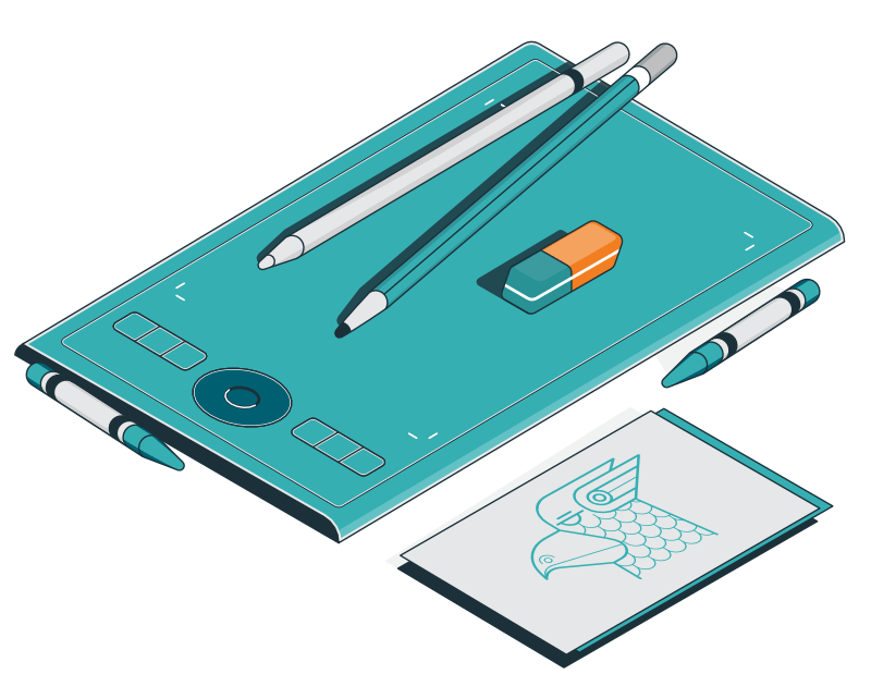A Teal coloured art pad with two pencils and a rubber resting on it and two teal coloured crayons at the end and side of it. And to the right is a light grey paper with an eagle's face on it. This art work is to portray pixel pixel's ability to offer great creative services. alongside web development.
