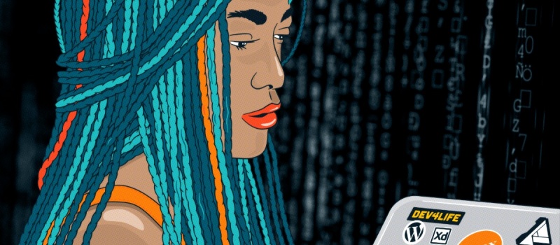 female developer with pixel pixel logo on laptop